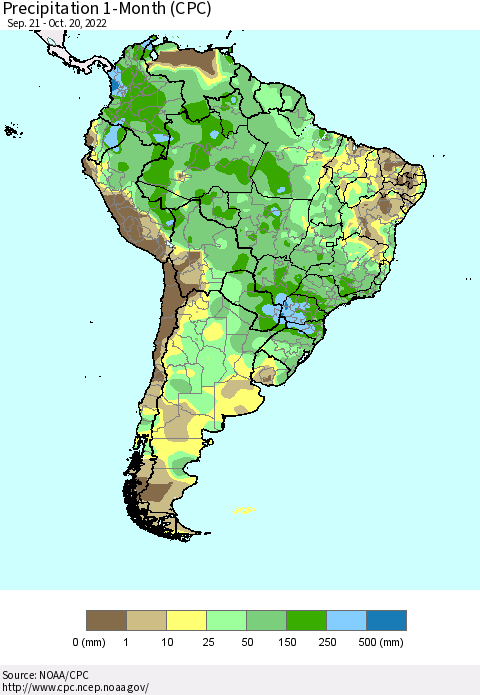 South America Precipitation 1-Month (CPC) Thematic Map For 9/21/2022 - 10/20/2022