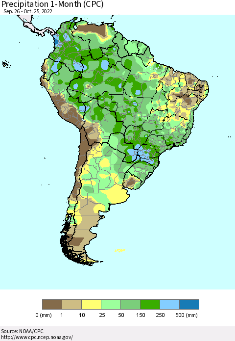 South America Precipitation 1-Month (CPC) Thematic Map For 9/26/2022 - 10/25/2022