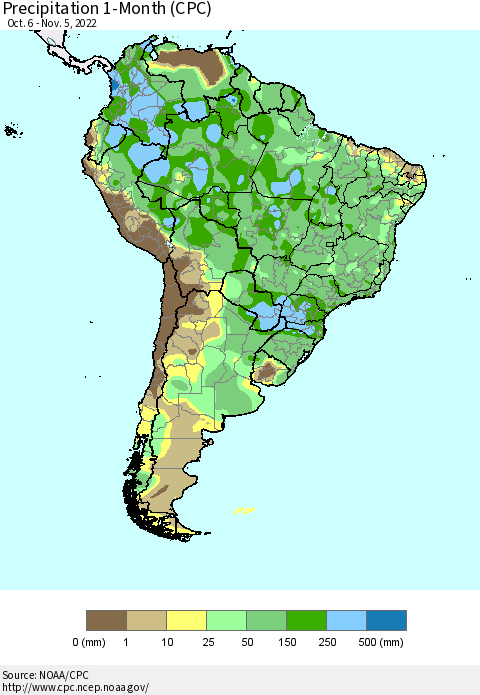 South America Precipitation 1-Month (CPC) Thematic Map For 10/6/2022 - 11/5/2022