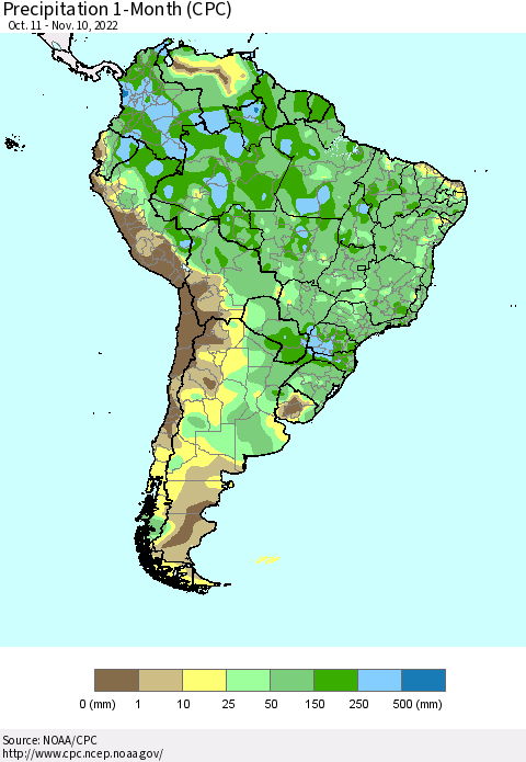 South America Precipitation 1-Month (CPC) Thematic Map For 10/11/2022 - 11/10/2022