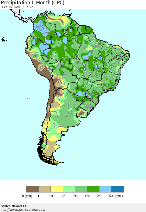 South America Precipitation 1-Month (CPC) Thematic Map For 10/16/2022 - 11/15/2022