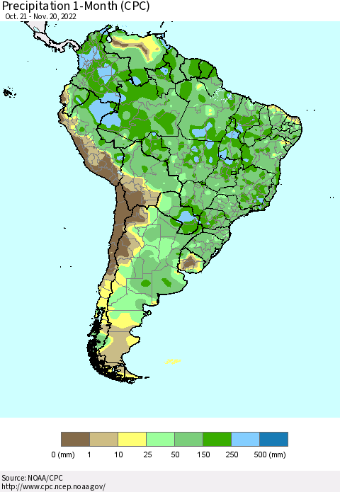 South America Precipitation 1-Month (CPC) Thematic Map For 10/21/2022 - 11/20/2022