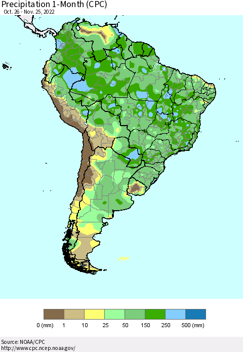 South America Precipitation 1-Month (CPC) Thematic Map For 10/26/2022 - 11/25/2022