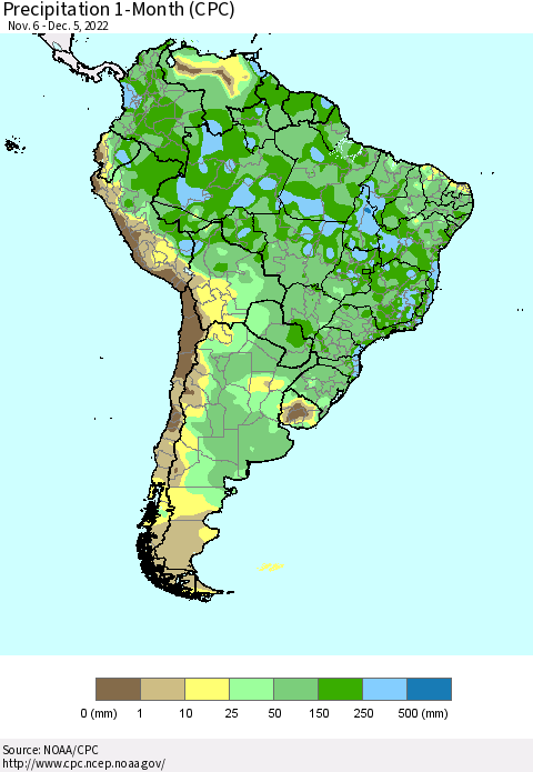 South America Precipitation 1-Month (CPC) Thematic Map For 11/6/2022 - 12/5/2022