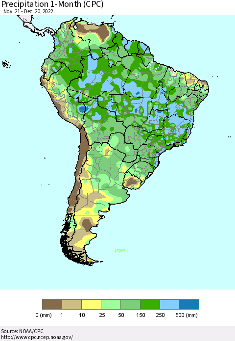 South America Precipitation 1-Month (CPC) Thematic Map For 11/21/2022 - 12/20/2022