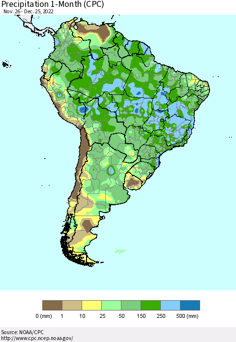 South America Precipitation 1-Month (CPC) Thematic Map For 11/26/2022 - 12/25/2022