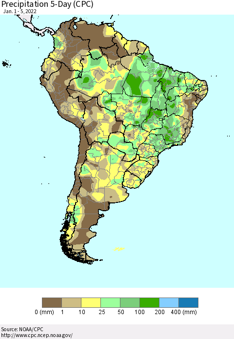 South America Precipitation 5-Day (CPC) Thematic Map For 1/1/2022 - 1/5/2022