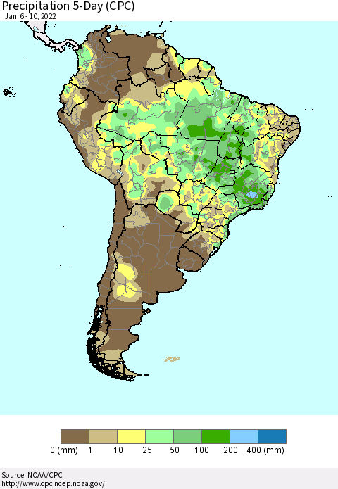South America Precipitation 5-Day (CPC) Thematic Map For 1/6/2022 - 1/10/2022