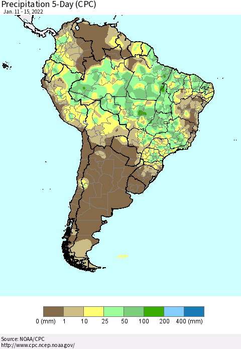 South America Precipitation 5-Day (CPC) Thematic Map For 1/11/2022 - 1/15/2022