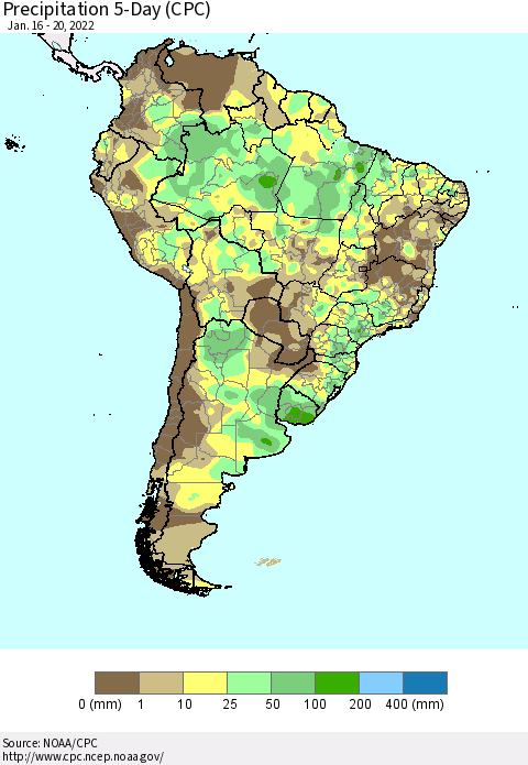 South America Precipitation 5-Day (CPC) Thematic Map For 1/16/2022 - 1/20/2022