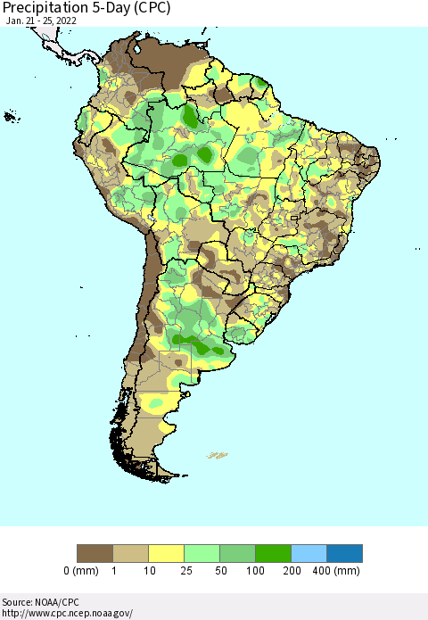South America Precipitation 5-Day (CPC) Thematic Map For 1/21/2022 - 1/25/2022