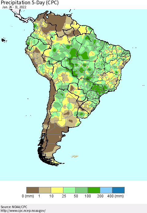 South America Precipitation 5-Day (CPC) Thematic Map For 1/26/2022 - 1/31/2022