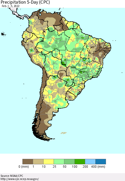 South America Precipitation 5-Day (CPC) Thematic Map For 2/1/2022 - 2/5/2022
