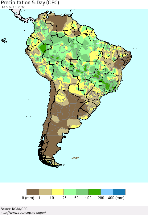 South America Precipitation 5-Day (CPC) Thematic Map For 2/6/2022 - 2/10/2022