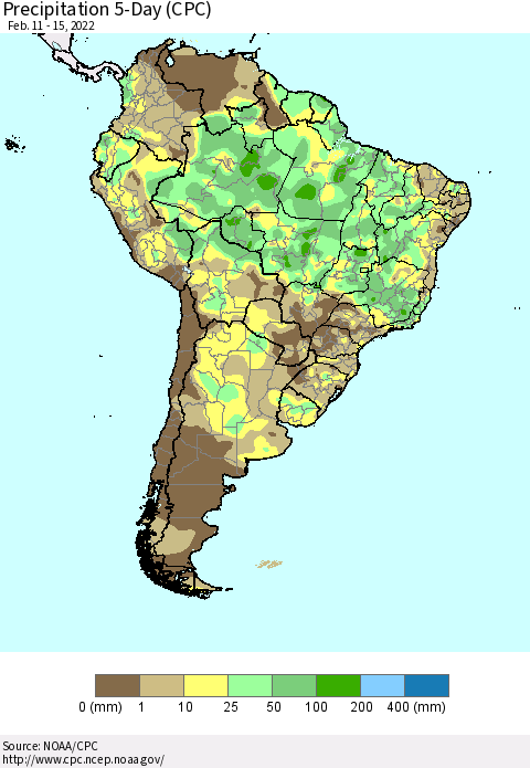 South America Precipitation 5-Day (CPC) Thematic Map For 2/11/2022 - 2/15/2022