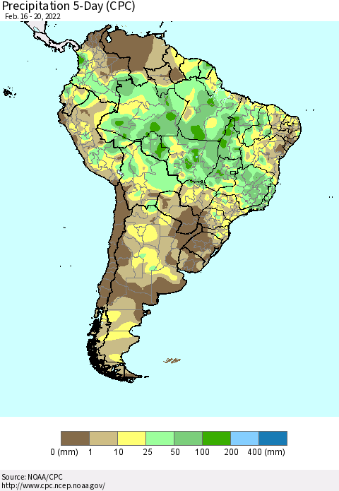 South America Precipitation 5-Day (CPC) Thematic Map For 2/16/2022 - 2/20/2022