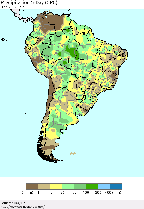 South America Precipitation 5-Day (CPC) Thematic Map For 2/21/2022 - 2/25/2022