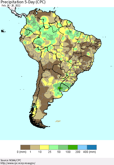 South America Precipitation 5-Day (CPC) Thematic Map For 2/26/2022 - 2/28/2022