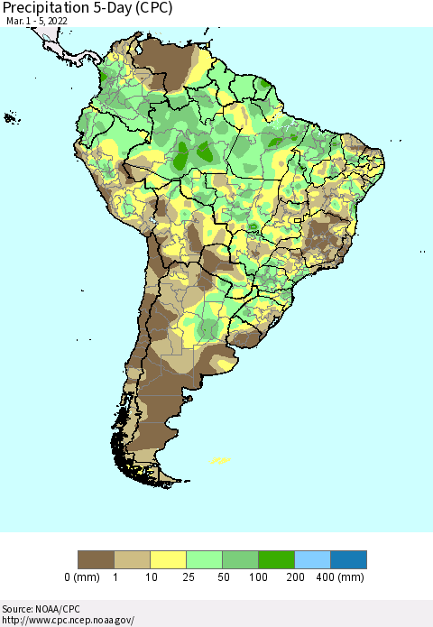 South America Precipitation 5-Day (CPC) Thematic Map For 3/1/2022 - 3/5/2022