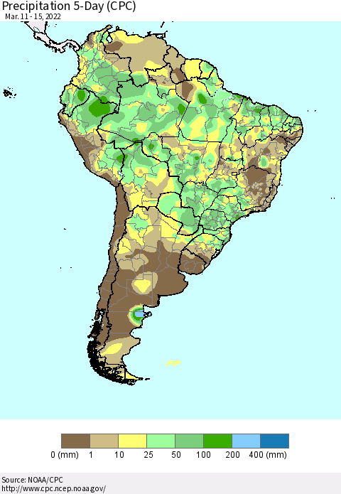 South America Precipitation 5-Day (CPC) Thematic Map For 3/11/2022 - 3/15/2022