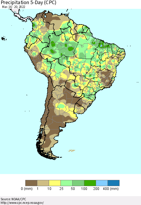 South America Precipitation 5-Day (CPC) Thematic Map For 3/16/2022 - 3/20/2022