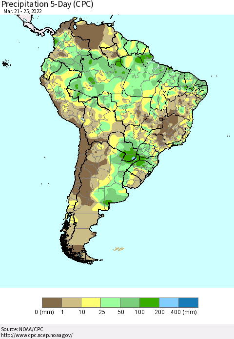 South America Precipitation 5-Day (CPC) Thematic Map For 3/21/2022 - 3/25/2022