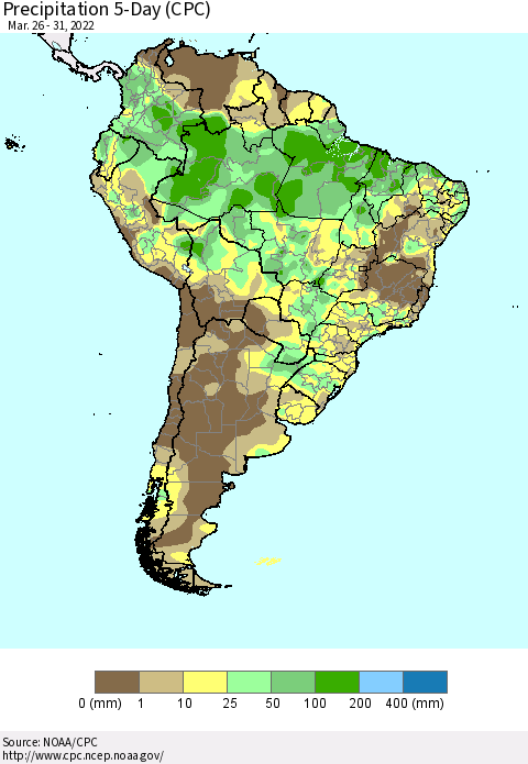 South America Precipitation 5-Day (CPC) Thematic Map For 3/26/2022 - 3/31/2022