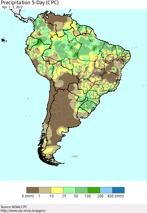 South America Precipitation 5-Day (CPC) Thematic Map For 4/1/2022 - 4/5/2022