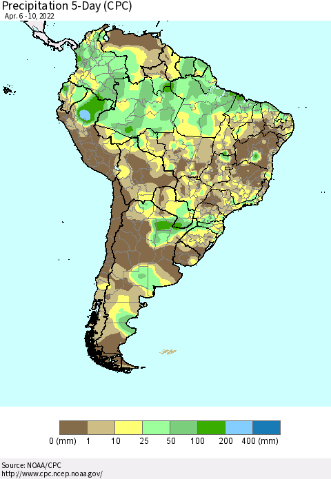 South America Precipitation 5-Day (CPC) Thematic Map For 4/6/2022 - 4/10/2022