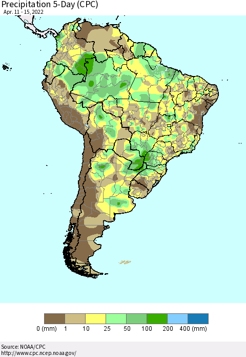 South America Precipitation 5-Day (CPC) Thematic Map For 4/11/2022 - 4/15/2022