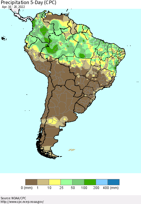 South America Precipitation 5-Day (CPC) Thematic Map For 4/16/2022 - 4/20/2022