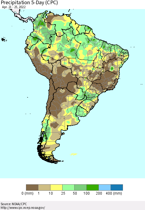 South America Precipitation 5-Day (CPC) Thematic Map For 4/21/2022 - 4/25/2022