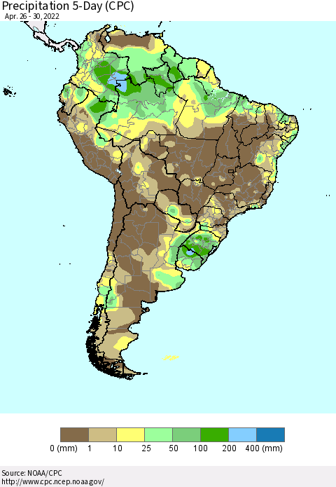 South America Precipitation 5-Day (CPC) Thematic Map For 4/26/2022 - 4/30/2022