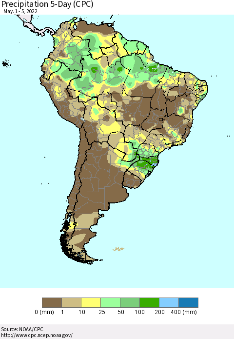 South America Precipitation 5-Day (CPC) Thematic Map For 5/1/2022 - 5/5/2022