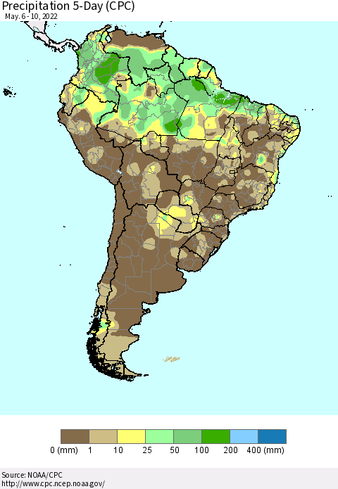 South America Precipitation 5-Day (CPC) Thematic Map For 5/6/2022 - 5/10/2022