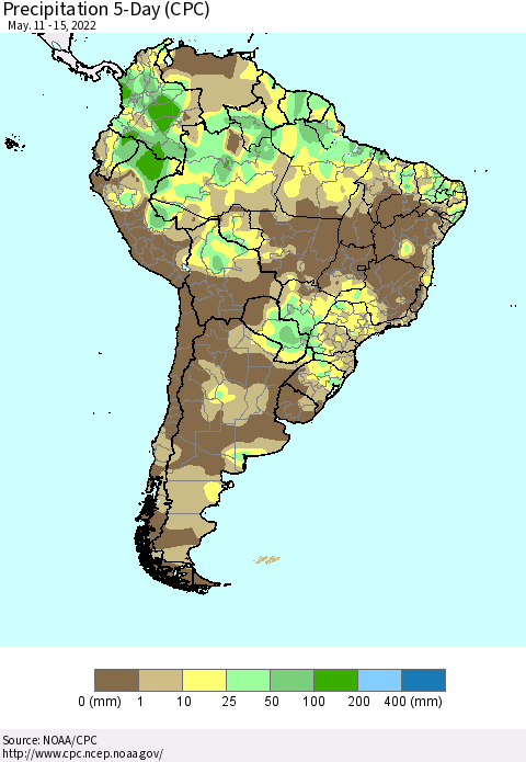 South America Precipitation 5-Day (CPC) Thematic Map For 5/11/2022 - 5/15/2022