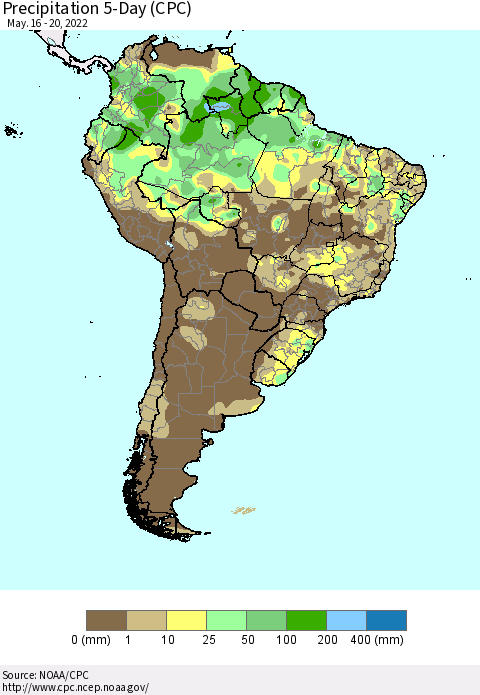 South America Precipitation 5-Day (CPC) Thematic Map For 5/16/2022 - 5/20/2022