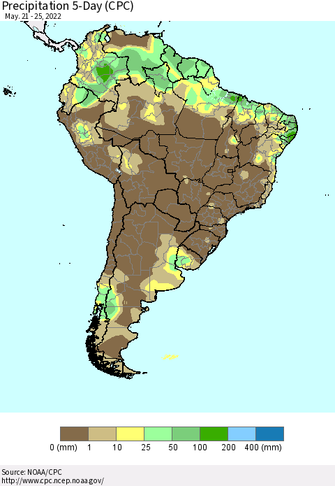 South America Precipitation 5-Day (CPC) Thematic Map For 5/21/2022 - 5/25/2022