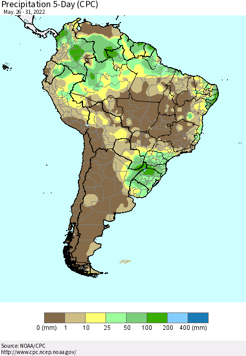 South America Precipitation 5-Day (CPC) Thematic Map For 5/26/2022 - 5/31/2022