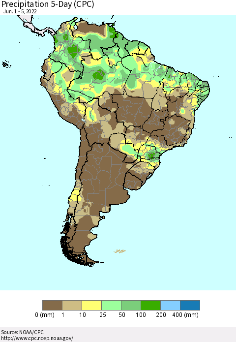 South America Precipitation 5-Day (CPC) Thematic Map For 6/1/2022 - 6/5/2022