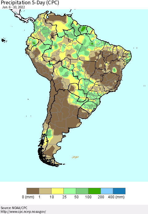 South America Precipitation 5-Day (CPC) Thematic Map For 6/6/2022 - 6/10/2022