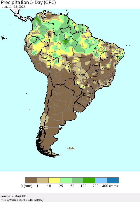 South America Precipitation 5-Day (CPC) Thematic Map For 6/11/2022 - 6/15/2022