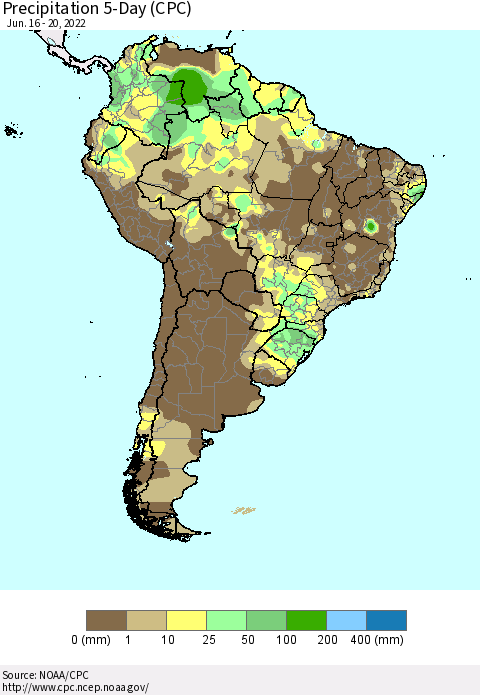 South America Precipitation 5-Day (CPC) Thematic Map For 6/16/2022 - 6/20/2022