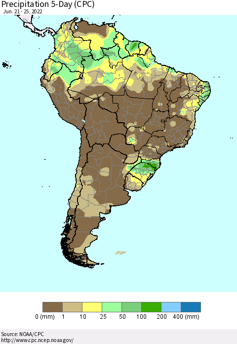 South America Precipitation 5-Day (CPC) Thematic Map For 6/21/2022 - 6/25/2022