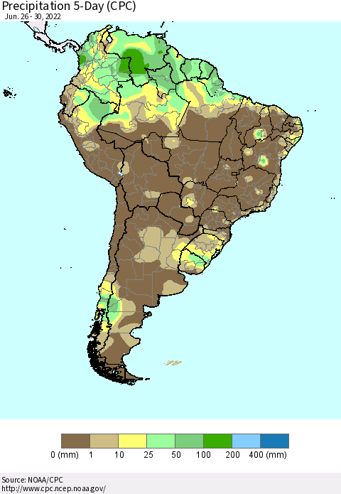 South America Precipitation 5-Day (CPC) Thematic Map For 6/26/2022 - 6/30/2022