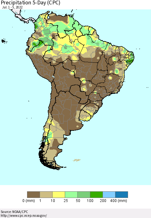 South America Precipitation 5-Day (CPC) Thematic Map For 7/1/2022 - 7/5/2022