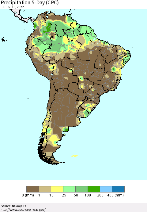 South America Precipitation 5-Day (CPC) Thematic Map For 7/6/2022 - 7/10/2022