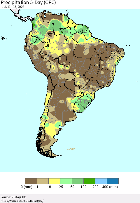 South America Precipitation 5-Day (CPC) Thematic Map For 7/11/2022 - 7/15/2022