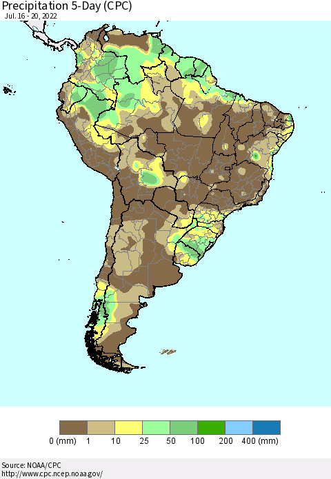 South America Precipitation 5-Day (CPC) Thematic Map For 7/16/2022 - 7/20/2022