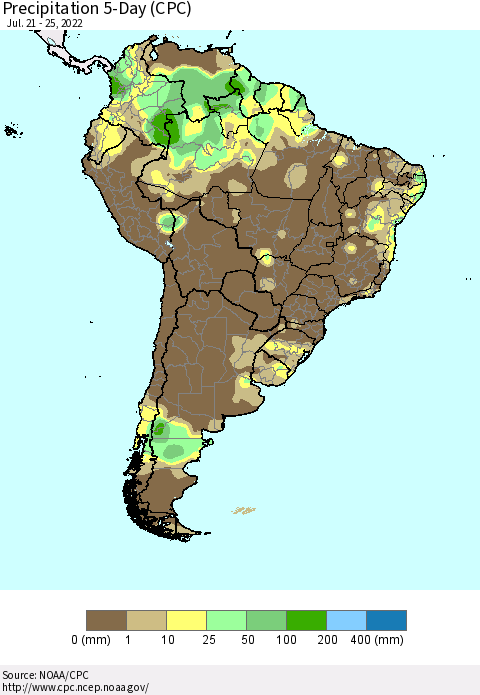 South America Precipitation 5-Day (CPC) Thematic Map For 7/21/2022 - 7/25/2022